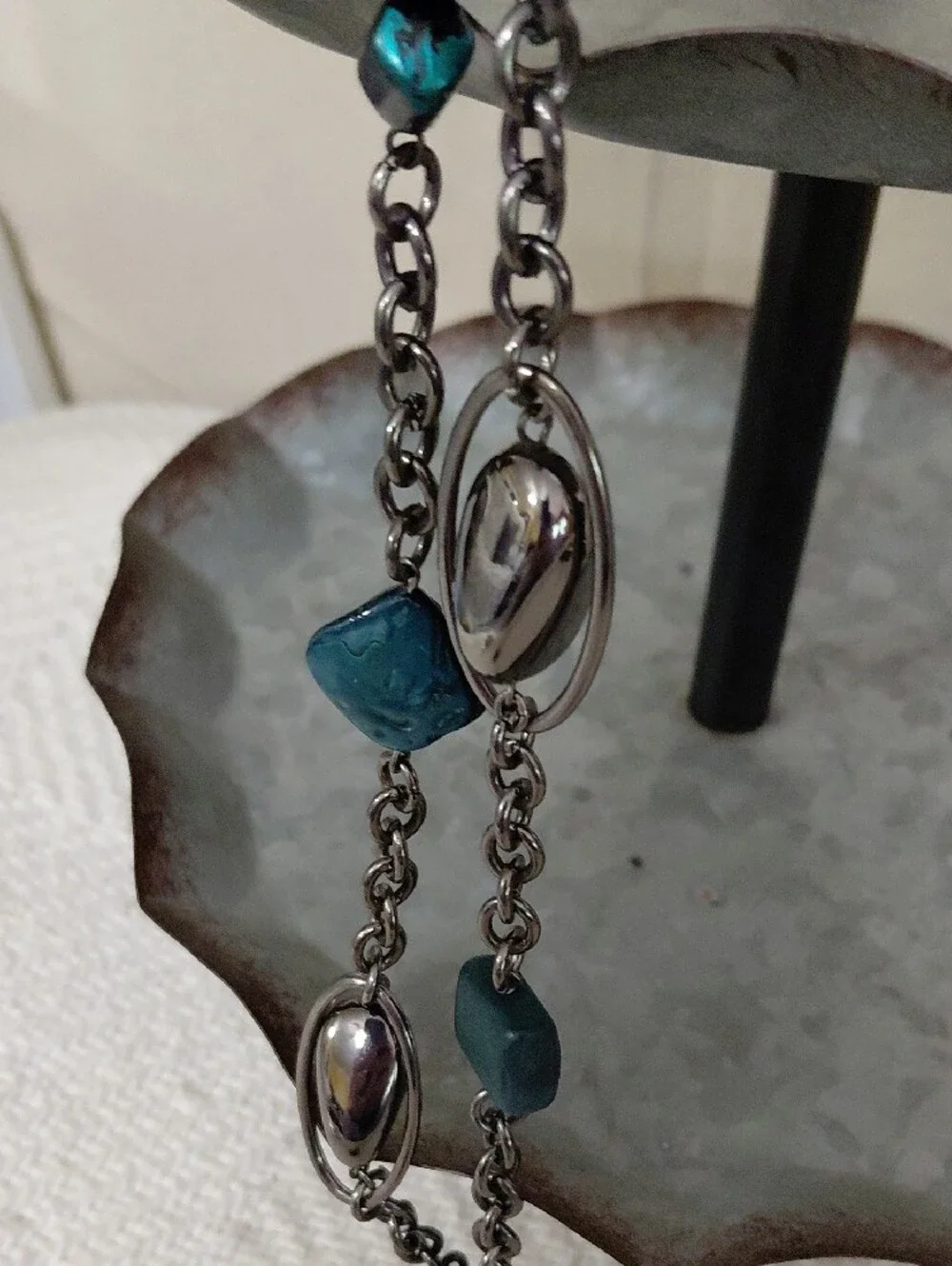 Long Silver Chain Necklace with Teal Beads